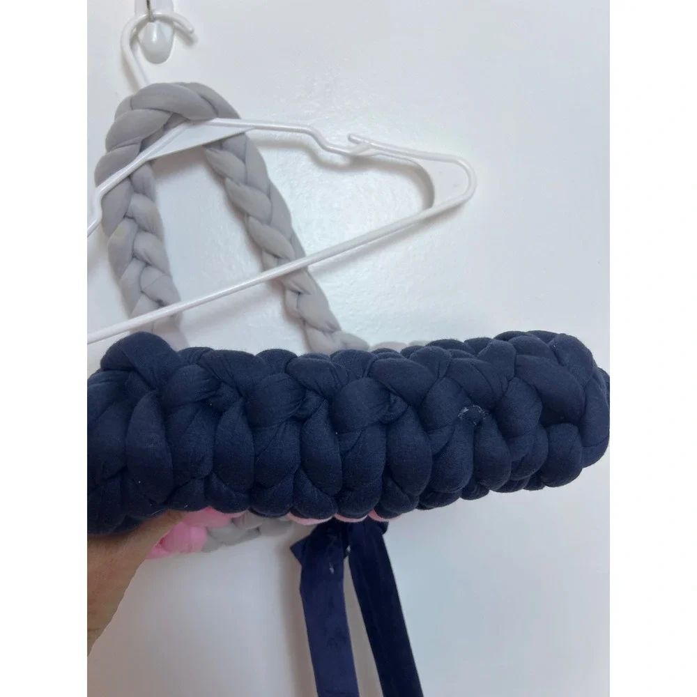 Thread the‎ Gnar Handwoven Chunky Knit Tote Bag Grey Pink Navy Blue Velvet Bow